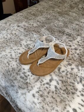 American Exchange White T-Strap Sandals with Rhinestone Accents